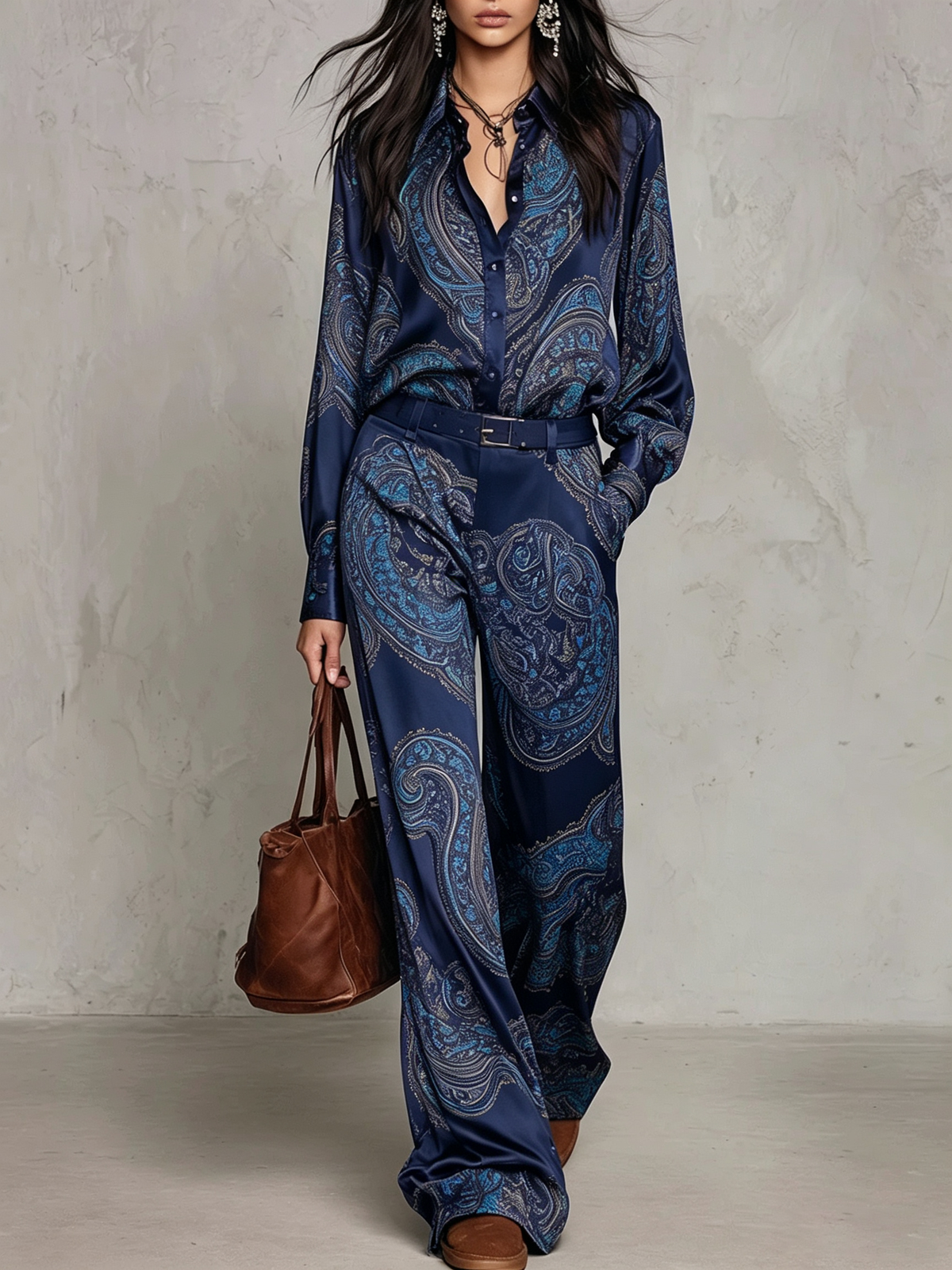 Burgundy-purple Paisley Print Satin Long-sleeve Shirt And Wide-leg Trousers Set (with belt)