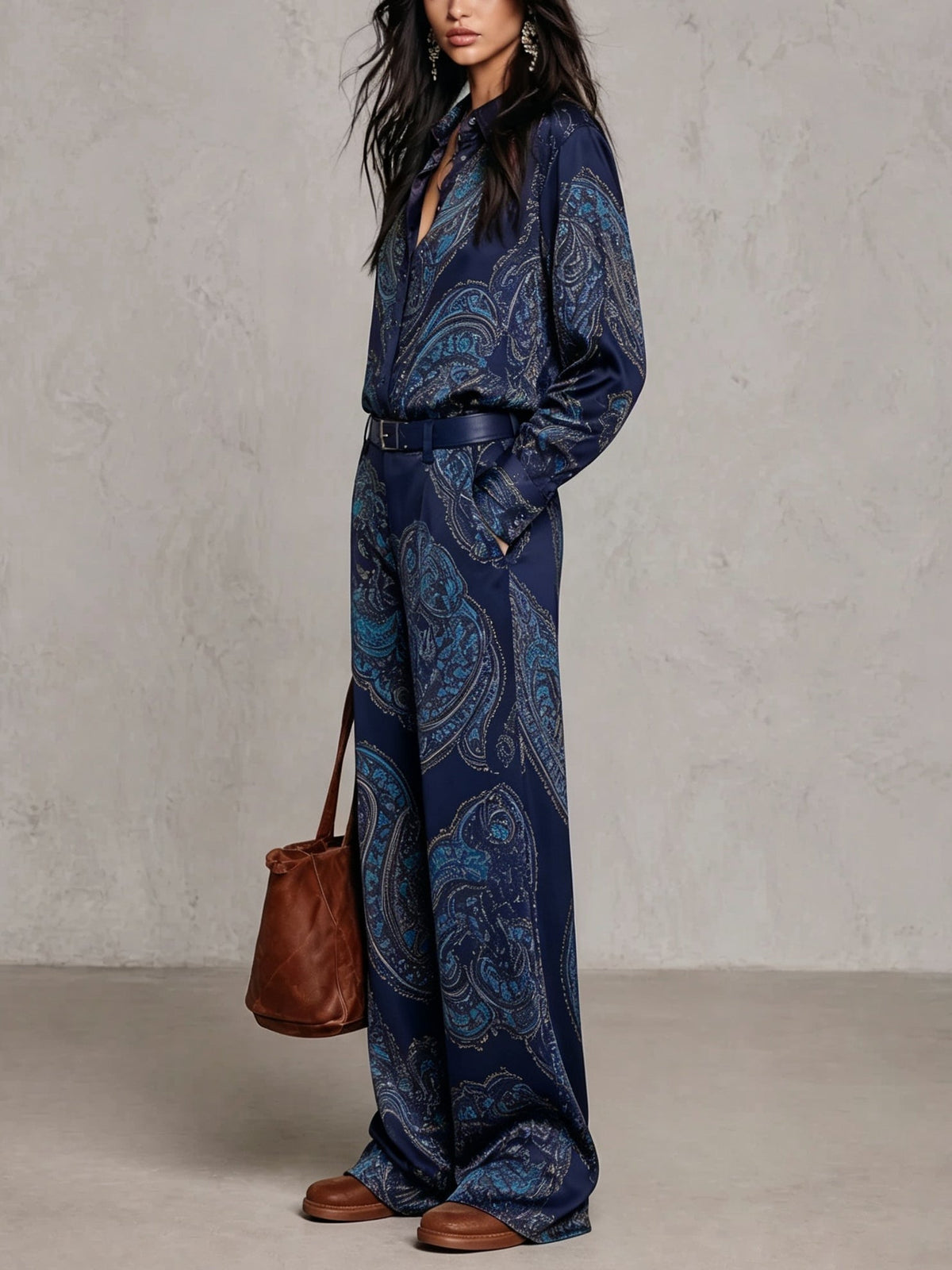 Burgundy-purple Paisley Print Satin Long-sleeve Shirt And Wide-leg Trousers Set (with belt)