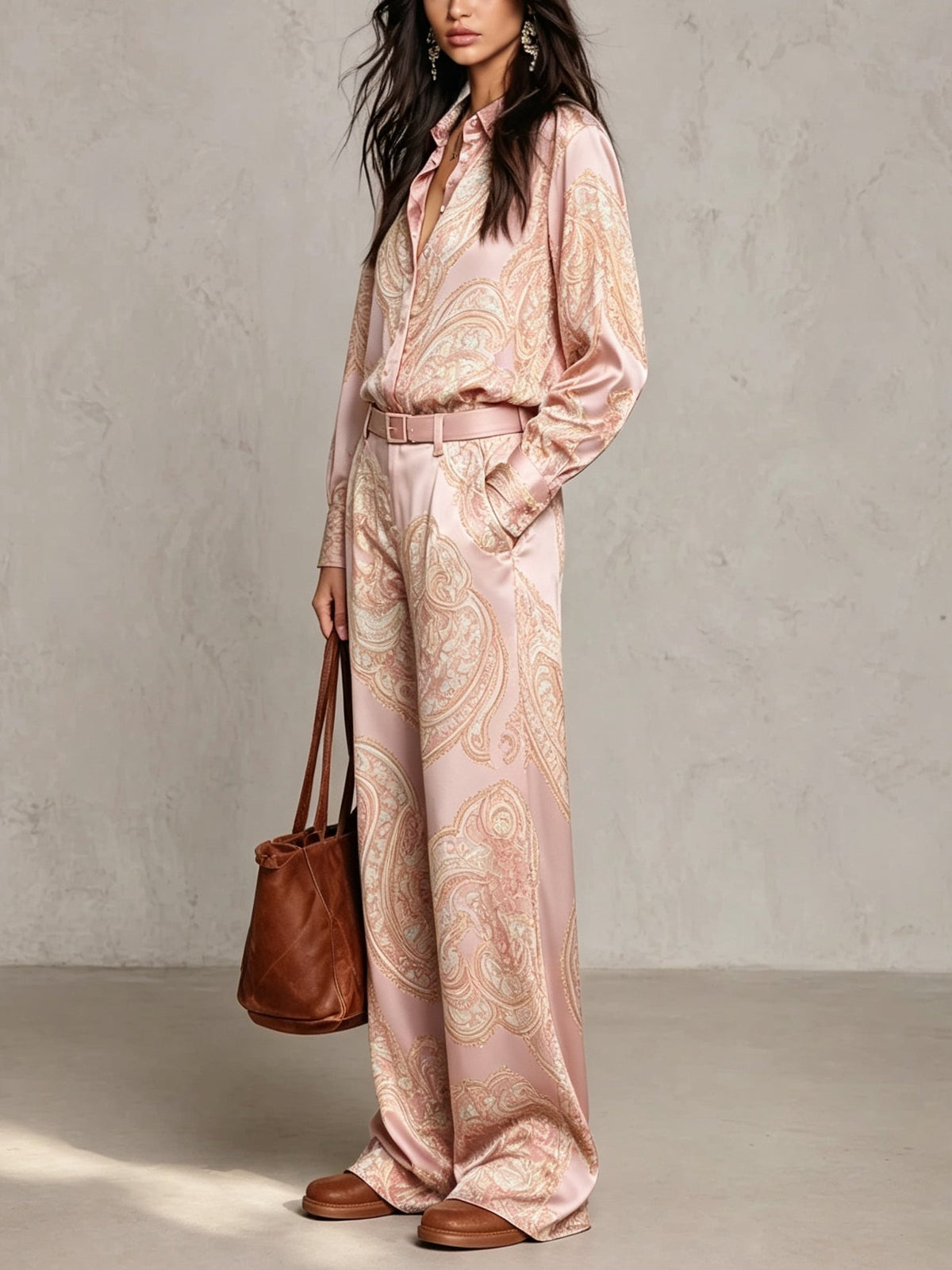 Burgundy-purple Paisley Print Satin Long-sleeve Shirt And Wide-leg Trousers Set (with belt)