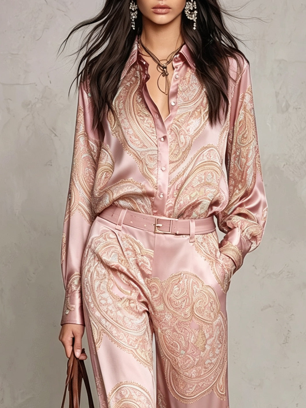 Pink Paisley Print Satin Long-sleeve Shirt And Wide-leg Trousers Set (with belt)