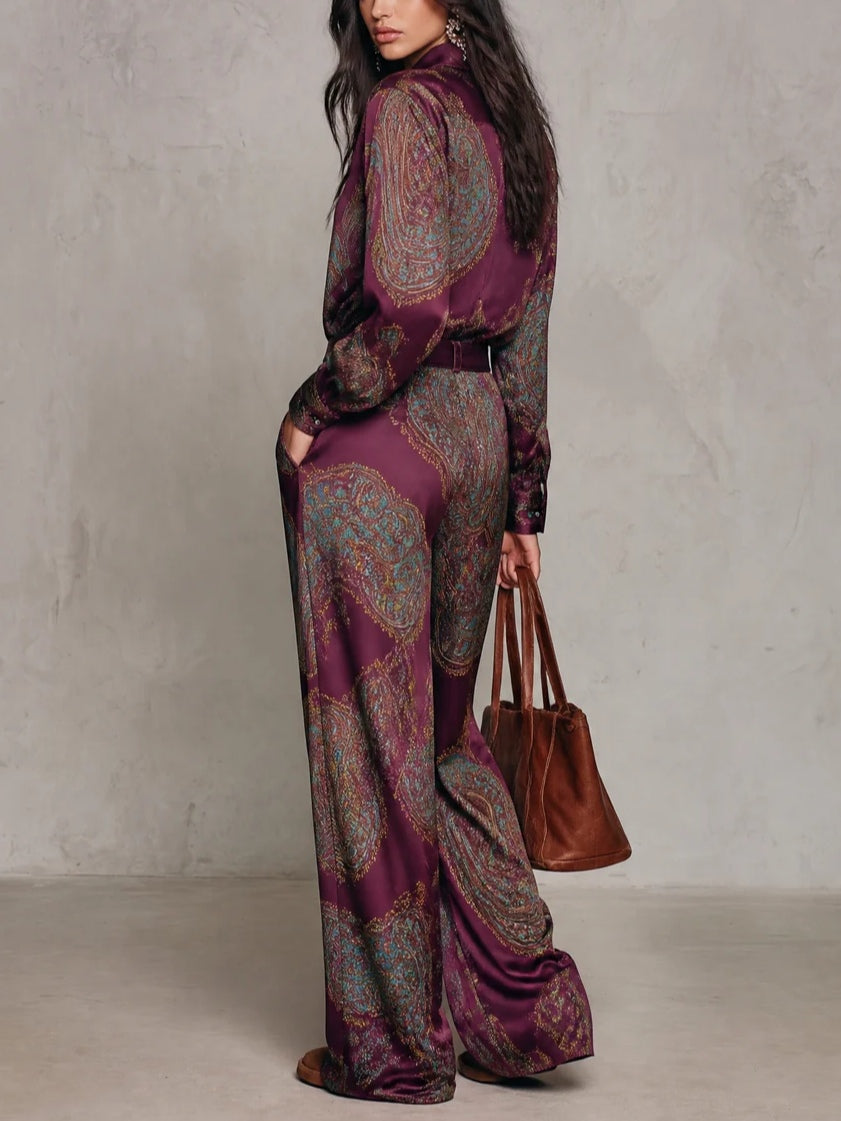 Burgundy-purple Paisley Print Satin Long-sleeve Shirt And Wide-leg Trousers Set (with belt)