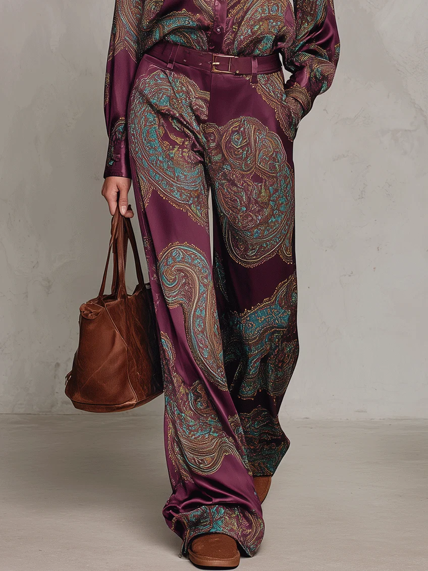 Burgundy-purple Paisley Print Satin Long-sleeve Shirt And Wide-leg Trousers Set (with belt)