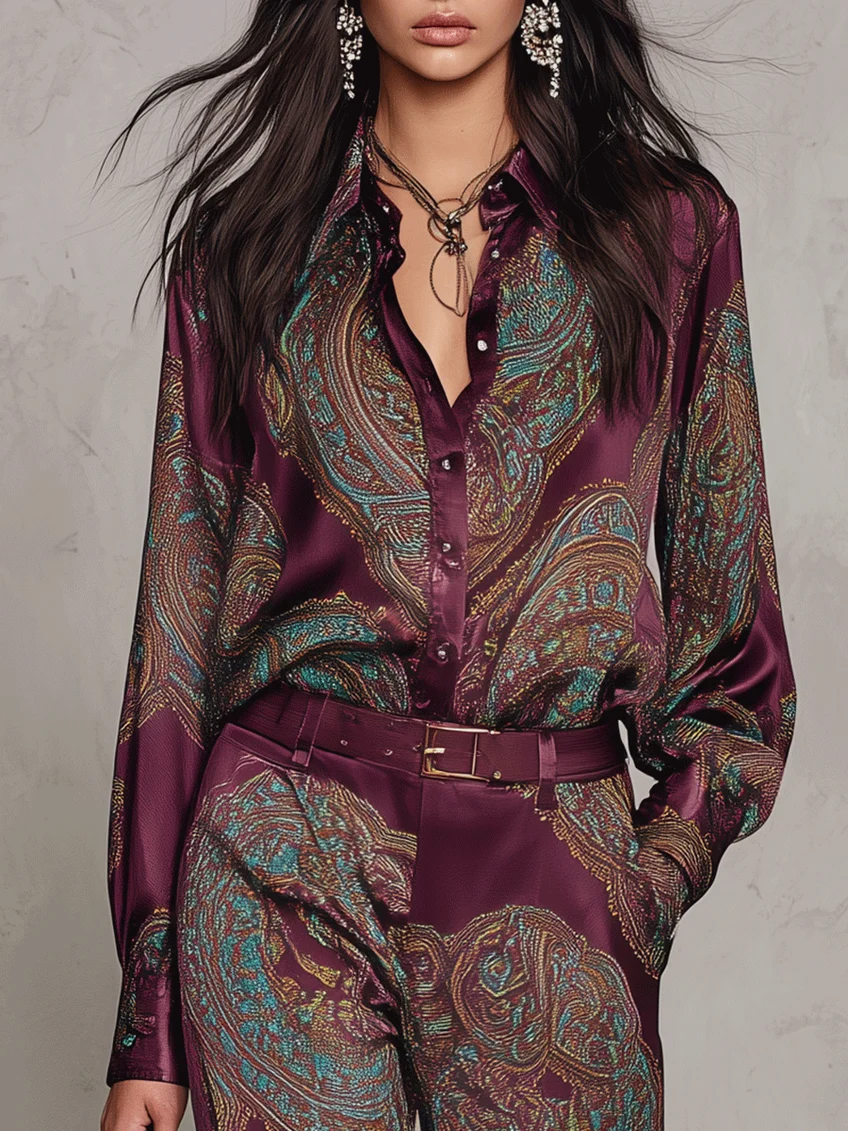 Burgundy-purple Paisley Print Satin Long-sleeve Shirt And Wide-leg Trousers Set (with belt)