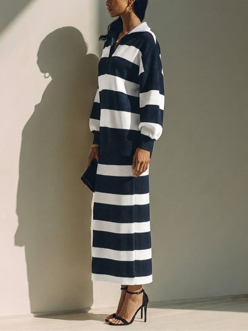 Navy Half-zip Color-block Striped Polo-collar Top And Midi Skirt Set