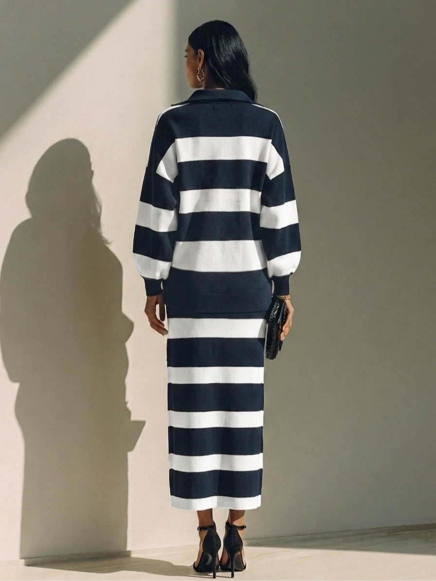 Navy Half-zip Color-block Striped Polo-collar Top And Midi Skirt Set