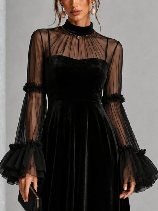 Black Velvet And Sheer Mesh Spliced Pleated Midi Dress