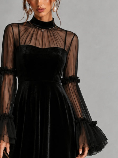Black Velvet And Sheer Mesh Spliced Pleated Midi Dress