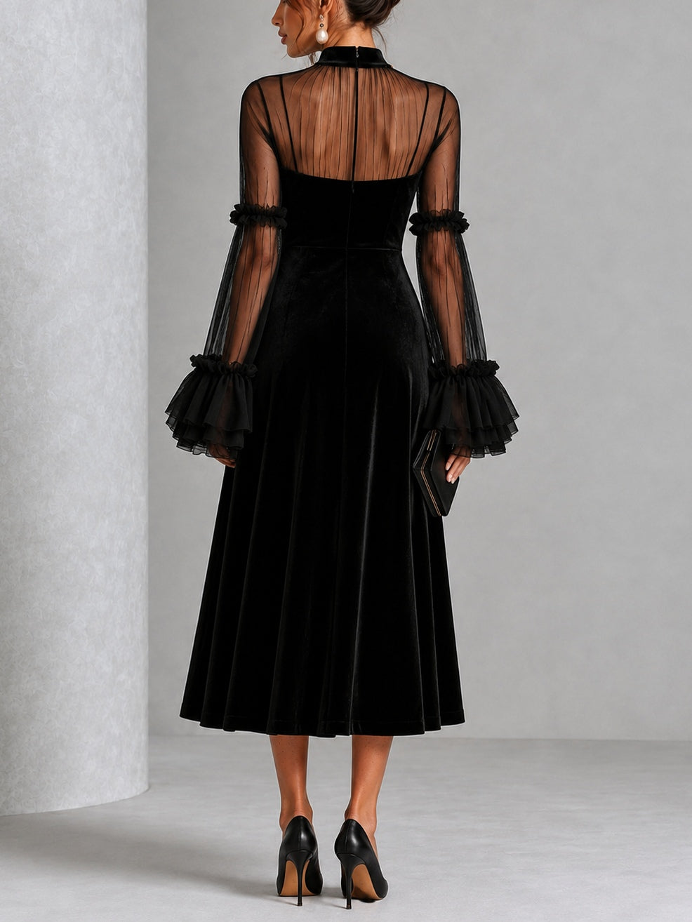 Black Velvet And Sheer Mesh Spliced Pleated Midi Dress