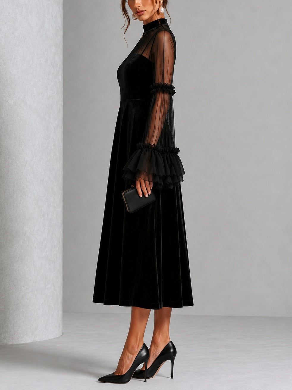 Black Velvet And Sheer Mesh Spliced Pleated Midi Dress