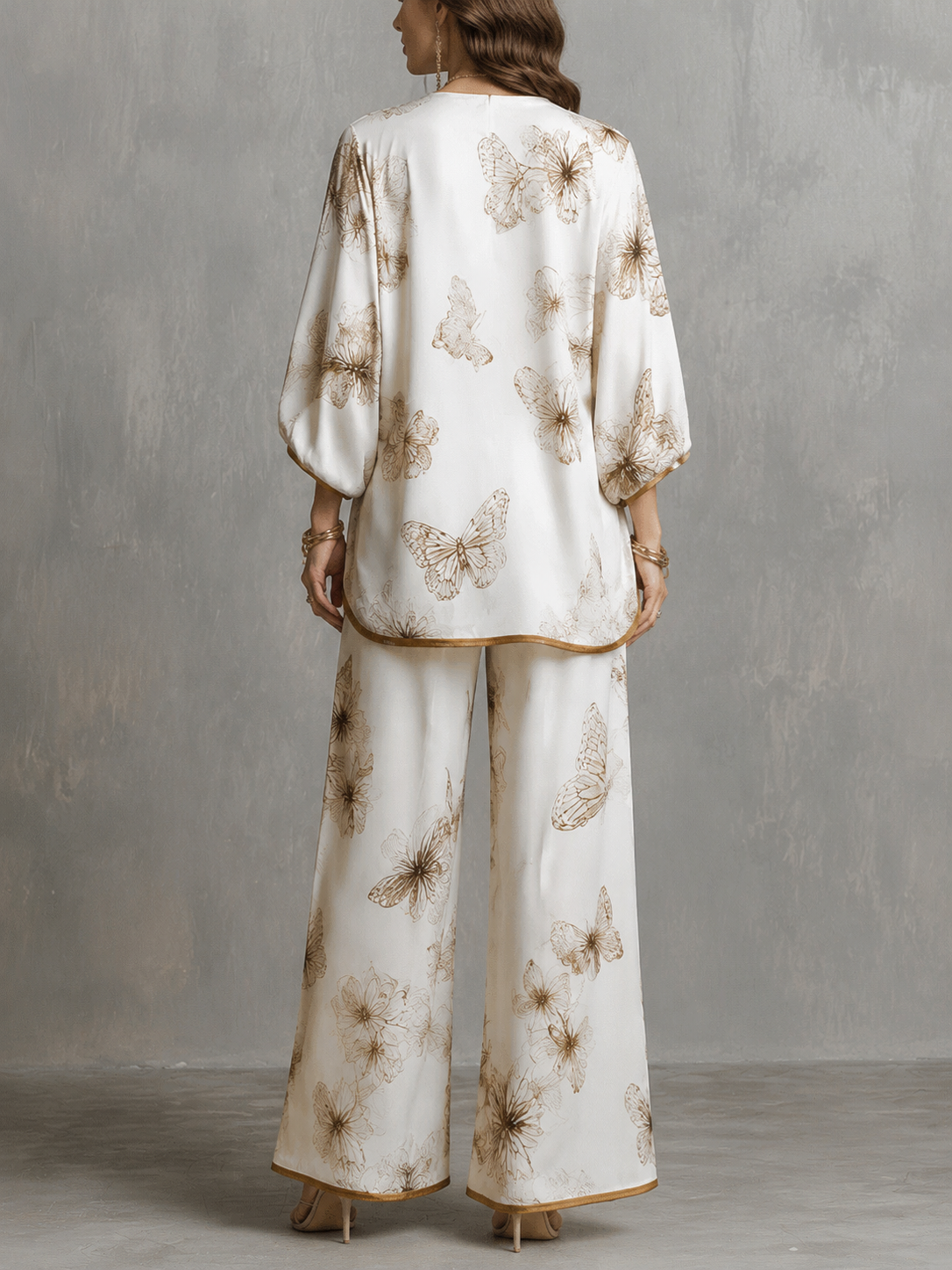 Ivory Satin V-Neck Butterfly-Print Top and Wide-Leg Trousers Set