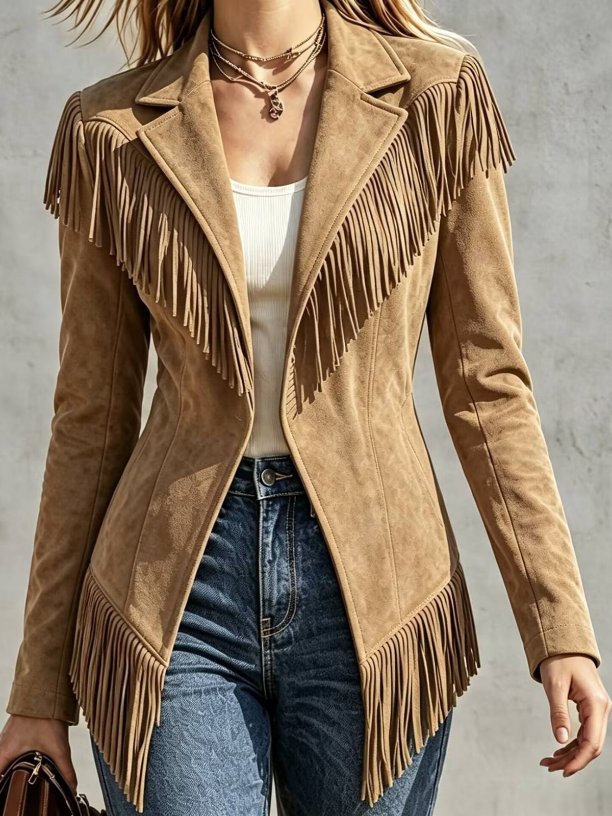Faux Suede Slim-Fit Lapel Long-Sleeve Jacket with Fringe Detail