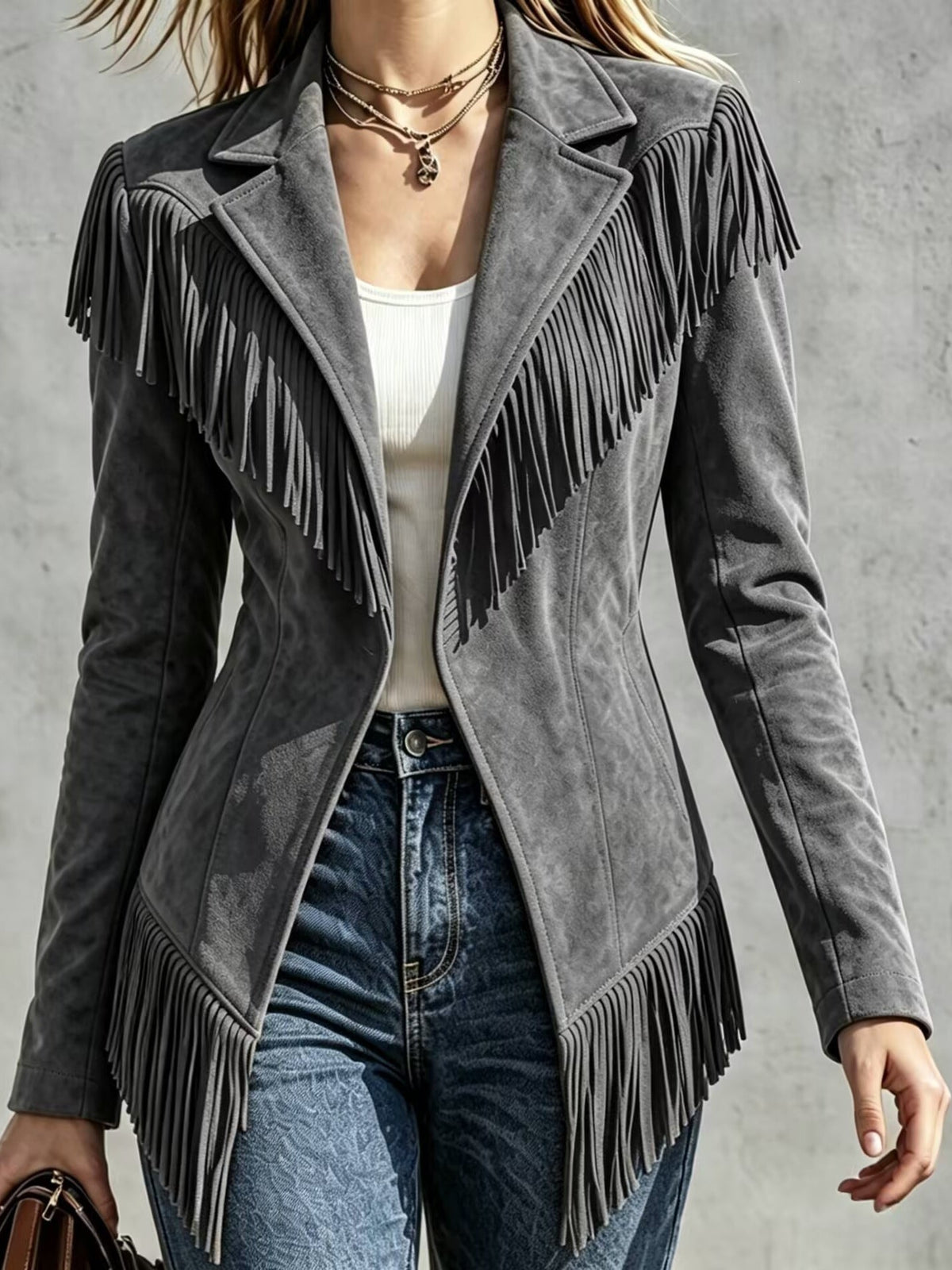 Faux Suede Slim-Fit Lapel Long-Sleeve Jacket with Fringe Detail