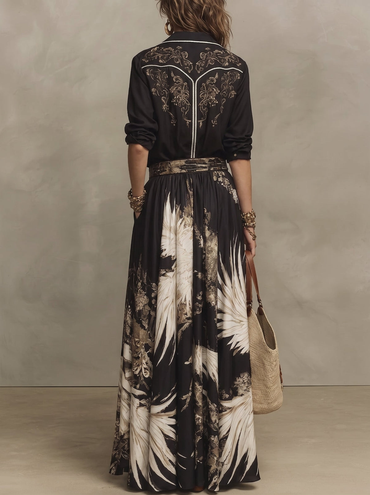 Black Gold Artistic Print Half-zip Shirt And Flowy Floral Midi Skirt Set