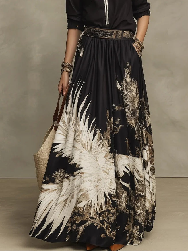 Black Gold Artistic Print Half-zip Shirt And Flowy Floral Midi Skirt Set