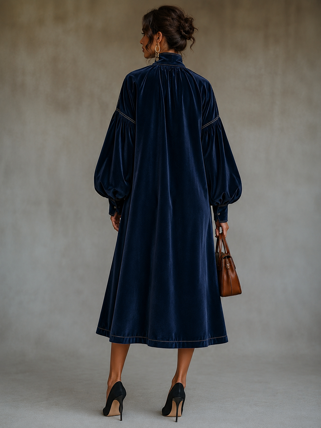 Navy Velvet Midi Dress With Bow Detail And Lantern Sleeves