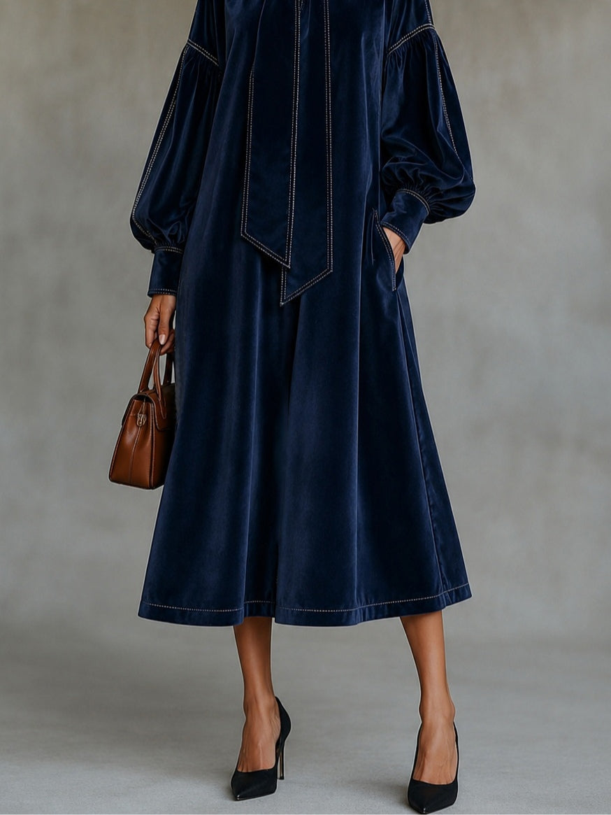 Navy Velvet Midi Dress With Bow Detail And Lantern Sleeves