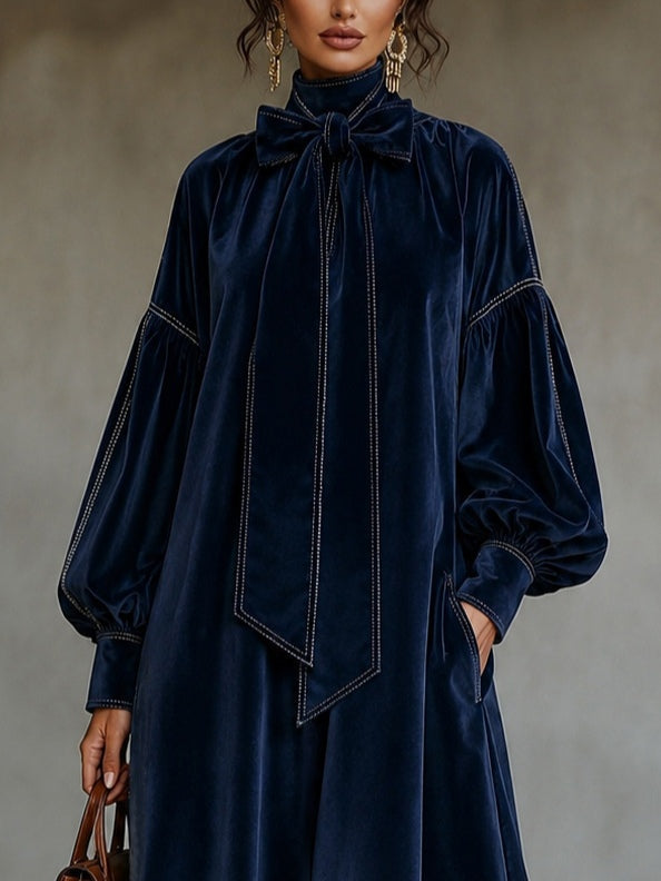 Navy Velvet Midi Dress With Bow Detail And Lantern Sleeves