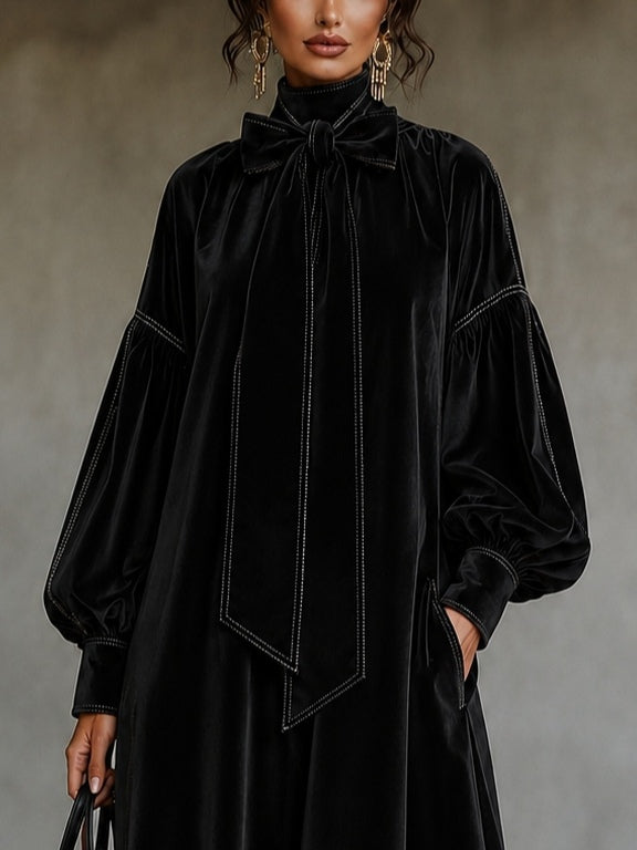 Black Velvet Midi Dress With Bow Detail And Lantern Sleeves