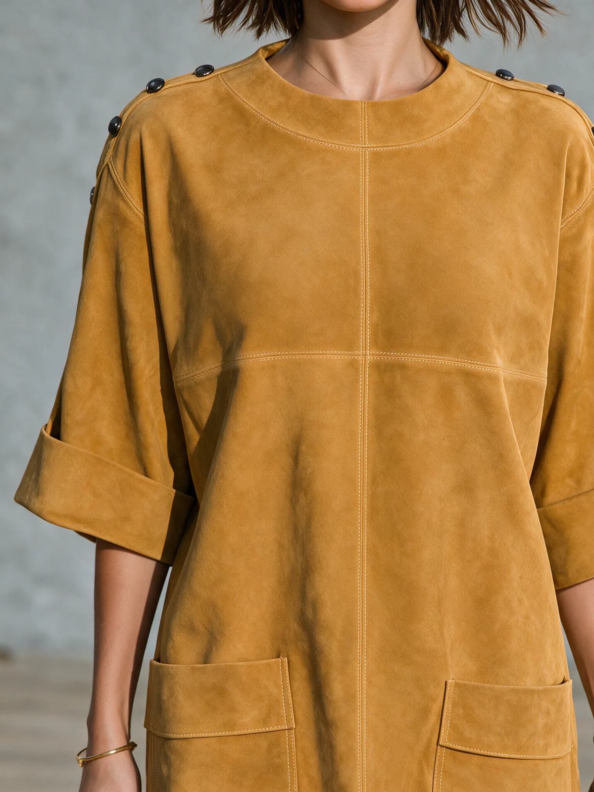 Ginger Yellow Faux Suede Mini Dress With Shoulder Buttons And Patch Pockets