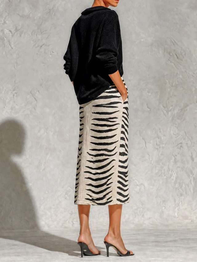 Black Collar Knit Top And Zebra Linen Midi Skirt Two‑Piece Set