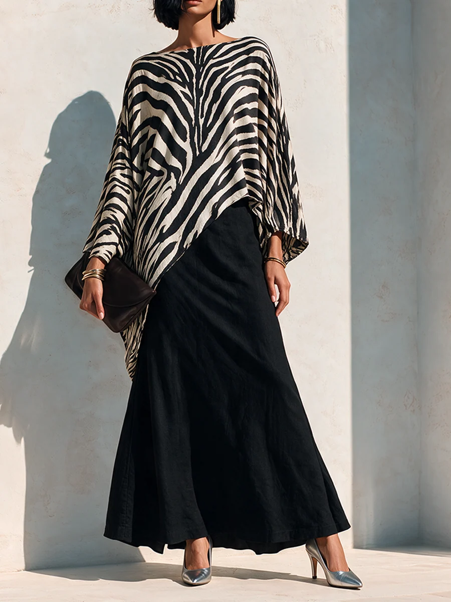 Black Zebra Asymmetrical Top And Black Drape Skirt Two‑Piece Set