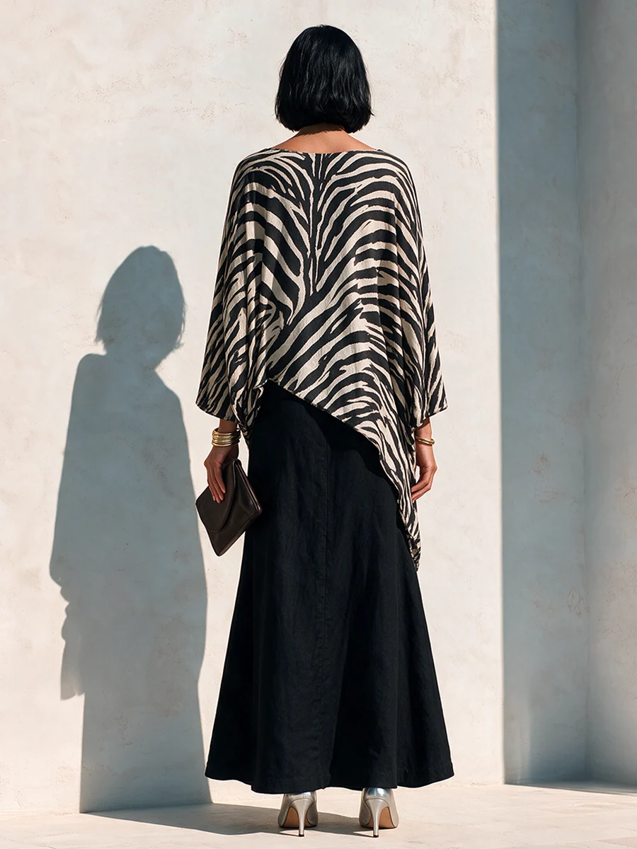 Black Zebra Asymmetrical Top And Black Drape Skirt Two‑Piece Set