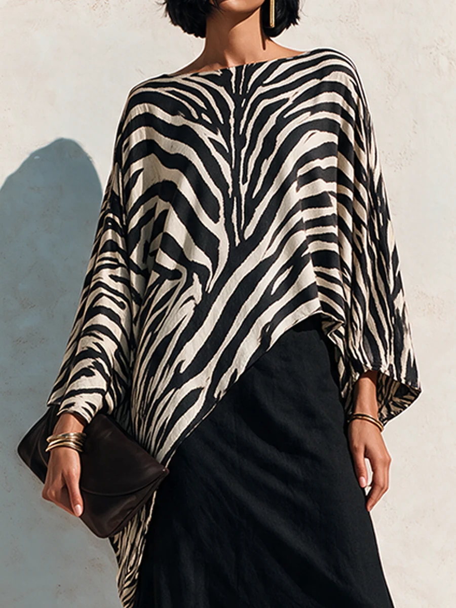 Black Zebra Asymmetrical Top And Black Drape Skirt Two‑Piece Set