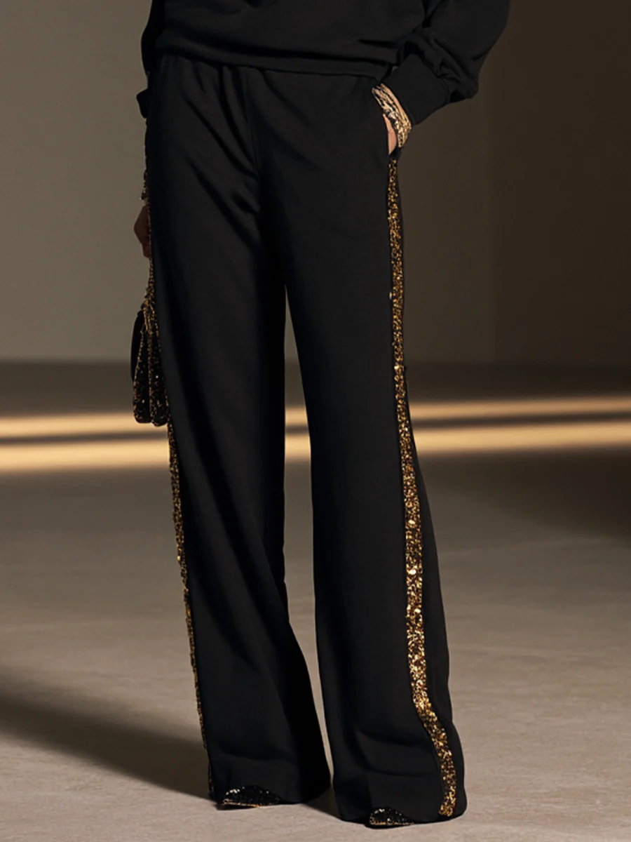 Black Gold Sequin-trimmed Boat-neck Top And Wide-leg Trousers Set
