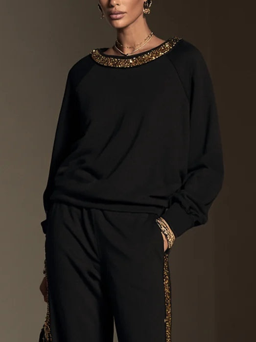 Black Gold Sequin-trimmed Boat-neck Top And Wide-leg Trousers Set