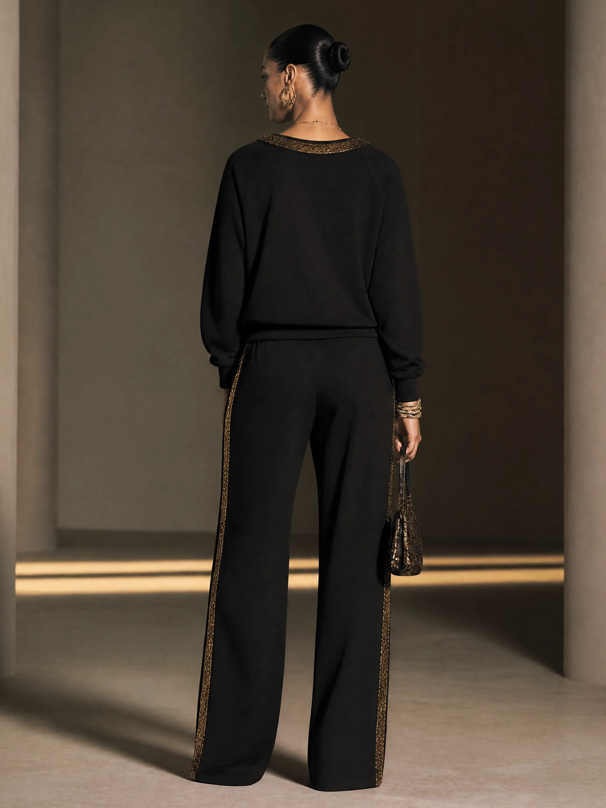 Black Gold Sequin-trimmed Boat-neck Top And Wide-leg Trousers Set
