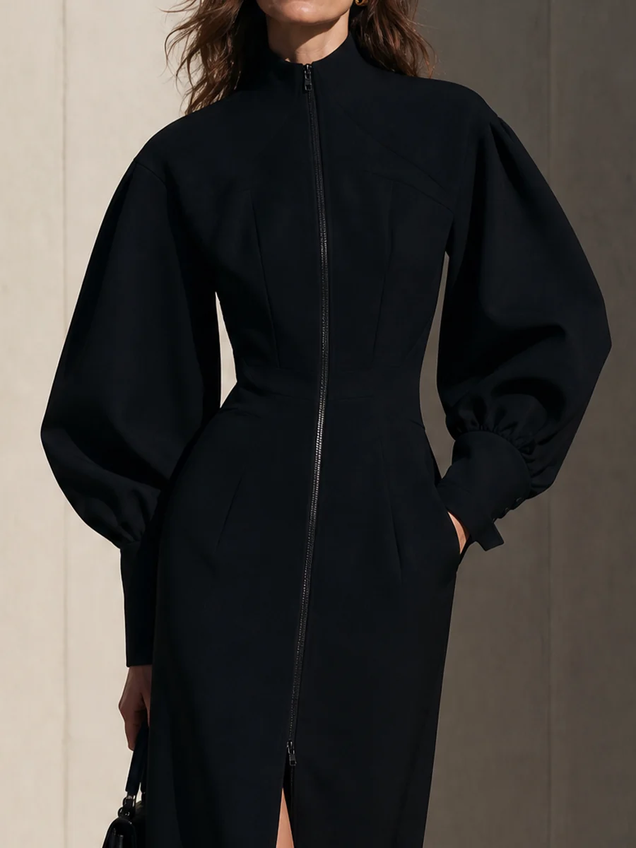 Black Front-Zip Midi Dress with Puff Lantern Sleeves