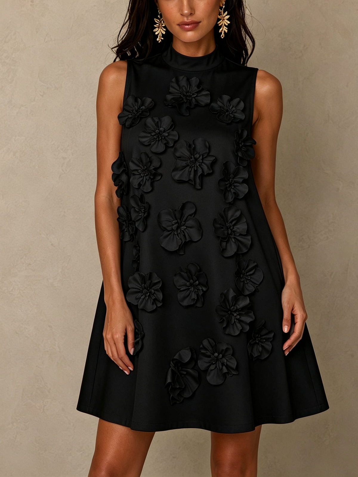 Black Sleeveless Mini Dress Featuring Striking Floral And Bow Details