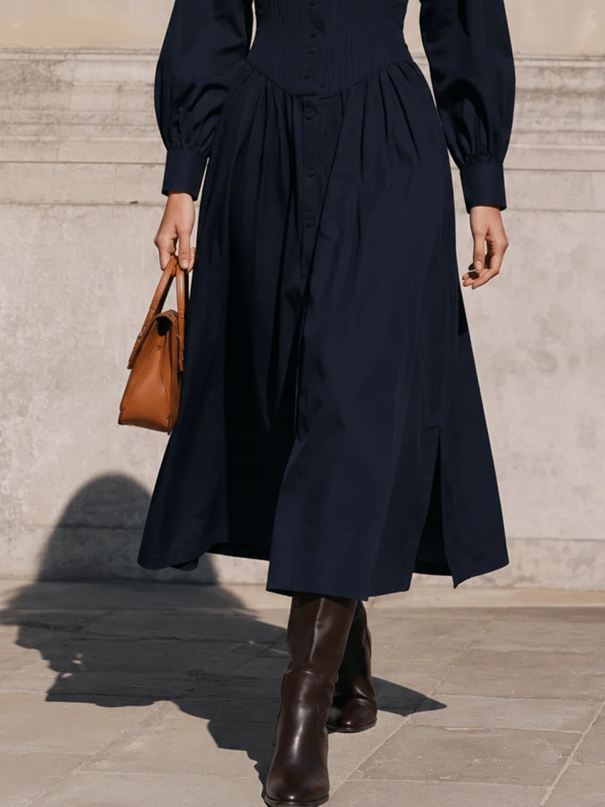 Navy Corset Waist Shirt Midi Dress