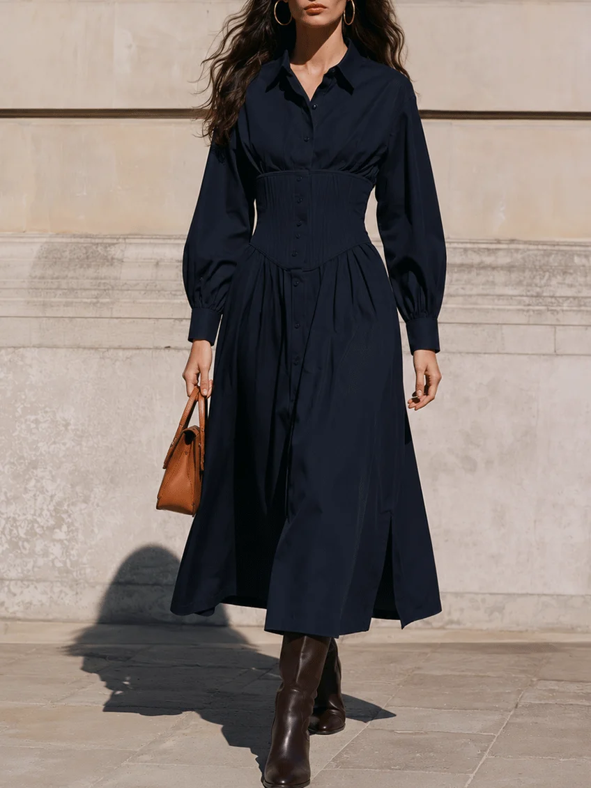Navy Corset Waist Shirt Midi Dress