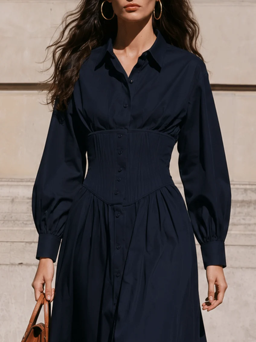 Navy Corset Waist Shirt Midi Dress