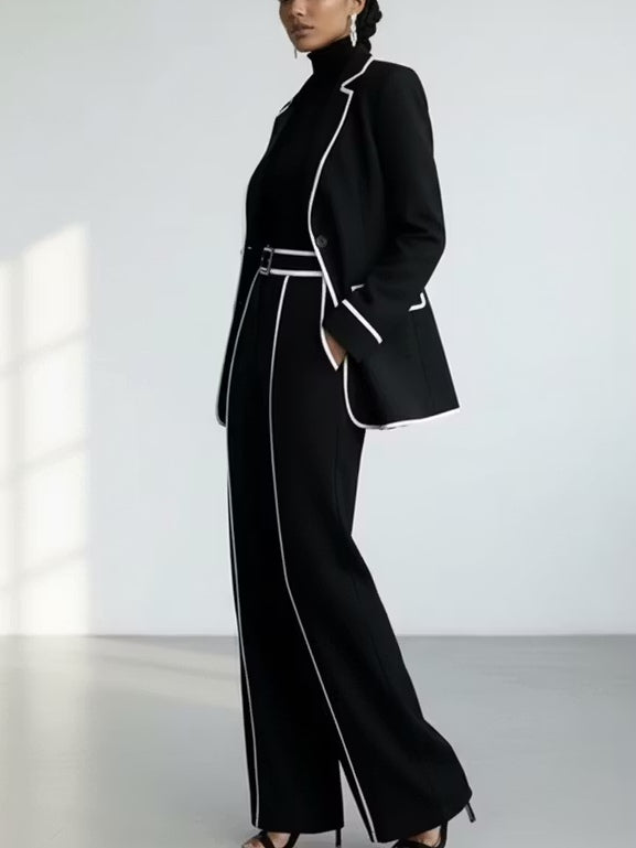 Black Contrast‑Piping Blazer & Wide‑Leg Trouser Two‑Piece Suit Set