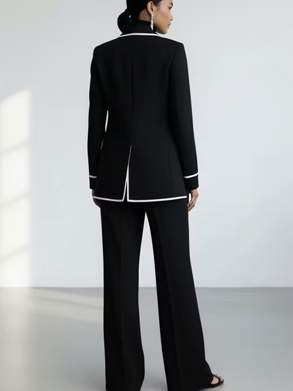 Black Contrast‑Piping Blazer & Wide‑Leg Trouser Two‑Piece Suit Set