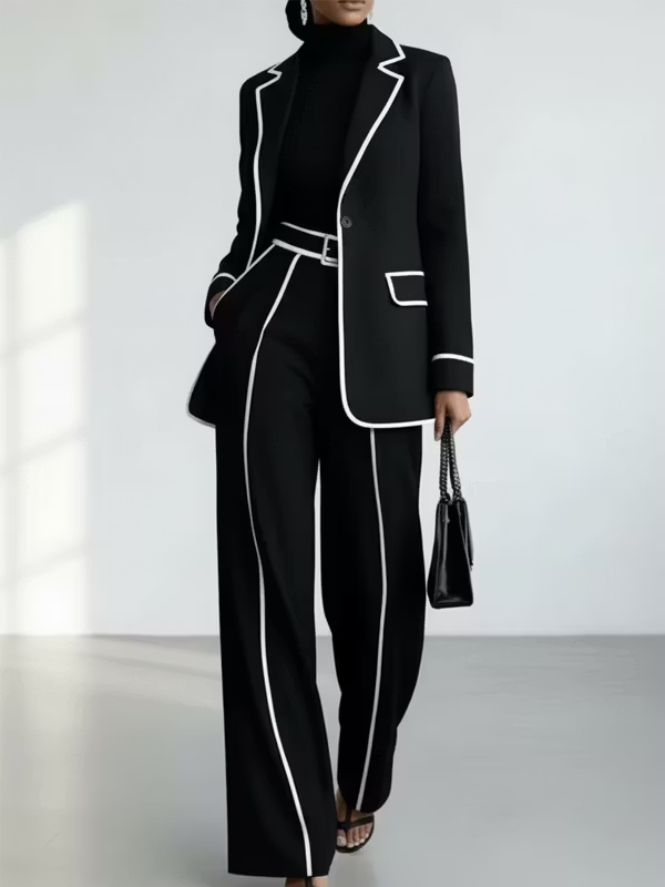Black Contrast‑Piping Blazer & Wide‑Leg Trouser Two‑Piece Suit Set