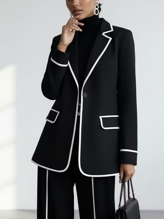 Black Contrast‑Piping Blazer & Wide‑Leg Trouser Two‑Piece Suit Set