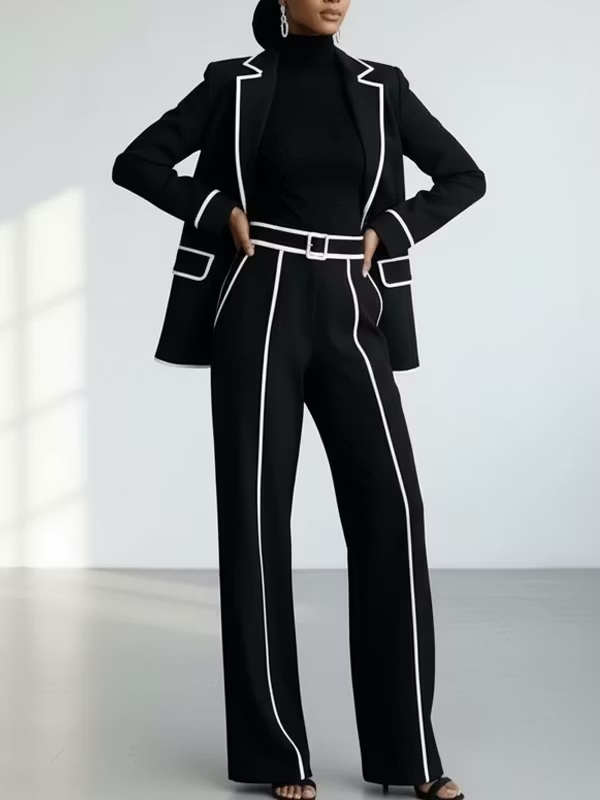 Black Contrast‑Piping Blazer & Wide‑Leg Trouser Two‑Piece Suit Set
