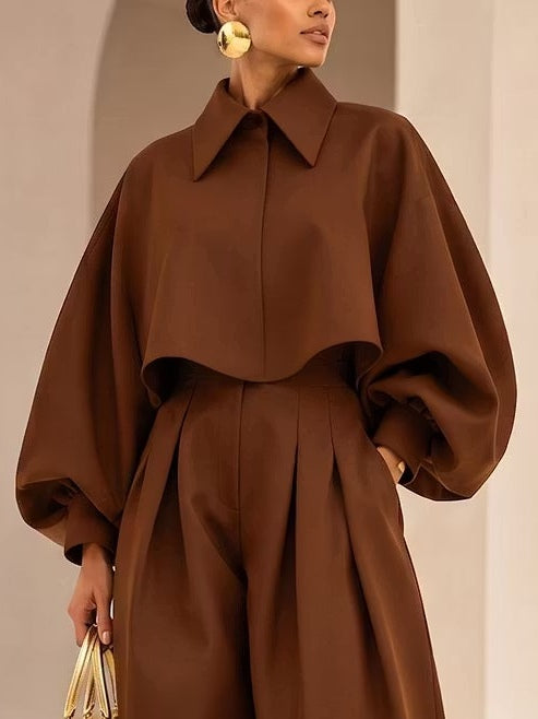 Brown Cropped Balloon‑Sleeve Shirt Jacket & High Waist Pleated Balloon Pants Set