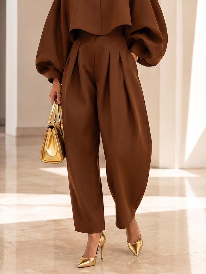 Brown Cropped Balloon‑Sleeve Shirt Jacket & High Waist Pleated Balloon Pants Set