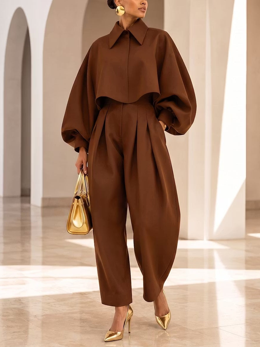 Brown Cropped Balloon‑Sleeve Shirt Jacket & High Waist Pleated Balloon Pants Set