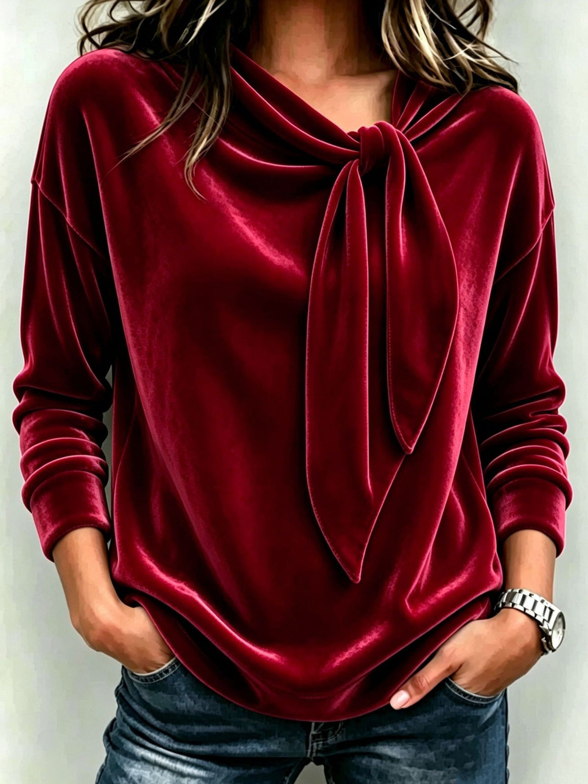 Velvet Draped Collar Tie Bow Loose Long Sleeve Shirt