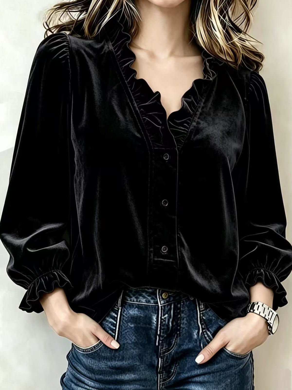 Velvet Ruffled V-neck Puff Sleeve Shirt