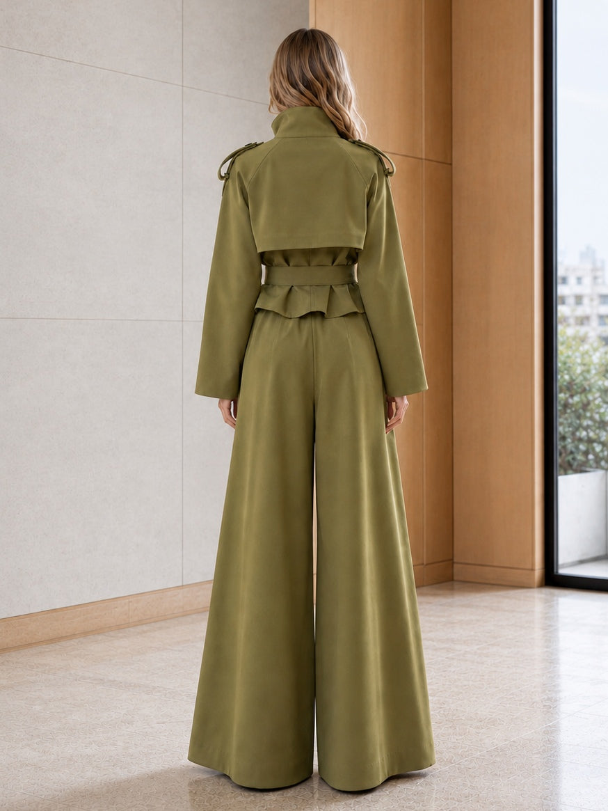 Olive Green Cropped Double Breasted Belted Jacket & High Waist Pleated Wide Leg Pant Set