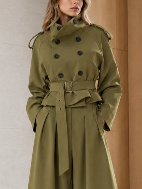 Olive Green Cropped Double Breasted Belted Jacket & High Waist Pleated Wide Leg Pant Set