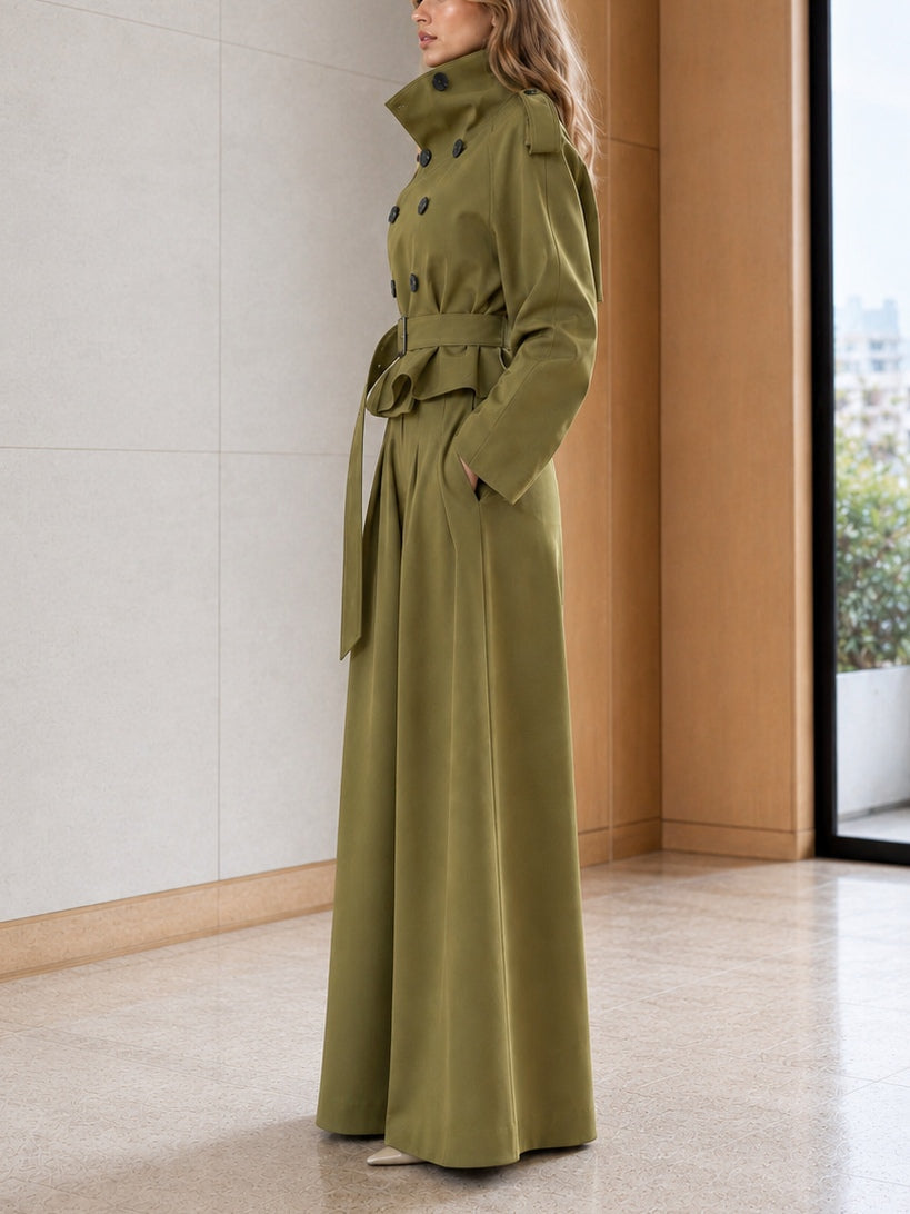 Olive Green Cropped Double Breasted Belted Jacket & High Waist Pleated Wide Leg Pant Set