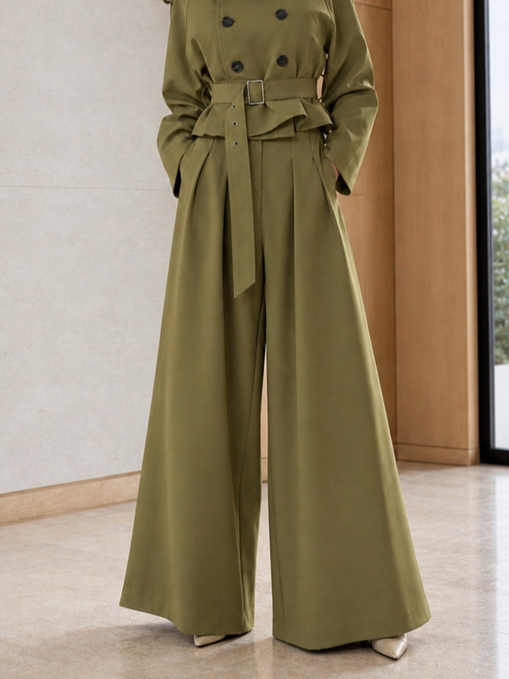 Olive Green Cropped Double Breasted Belted Jacket & High Waist Pleated Wide Leg Pant Set