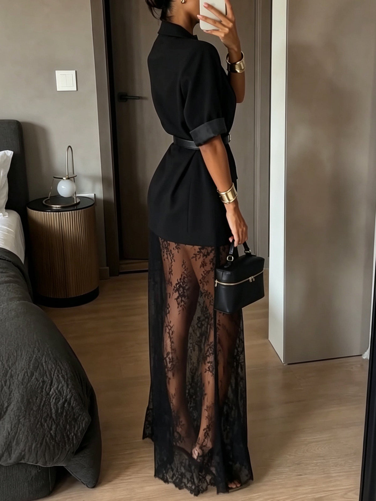 Black Short Sleeve Blazer & Sheer Floral Lace Slip Maxi Dress Two-piece Set(with belt)